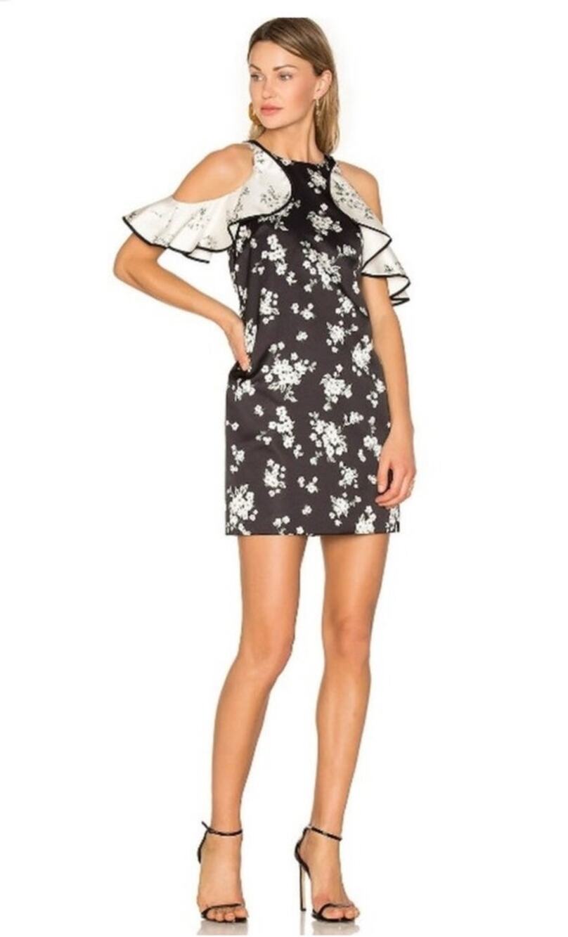 AMUR Jennifer Mini Dress Size 2 Black Floral Satin Cocktail Wedding Guest